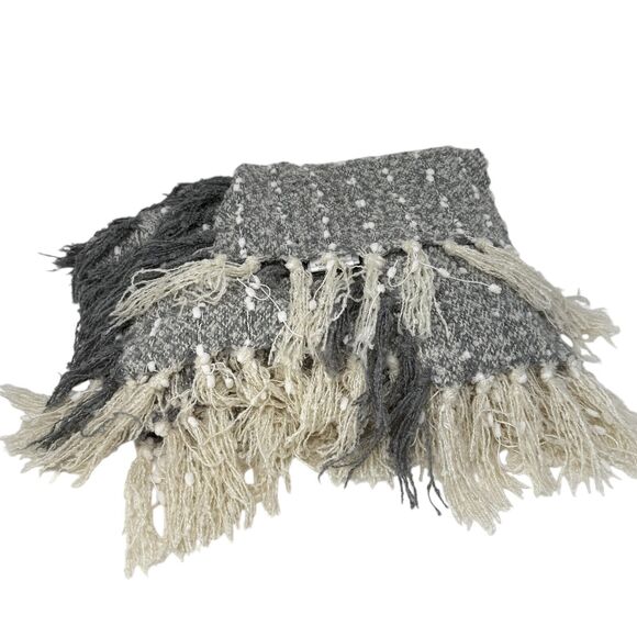 Shabby Chic Rachel Ashwell Grey White Fringe Blanket Home Boho Cottage Country - Picture 1 of 5